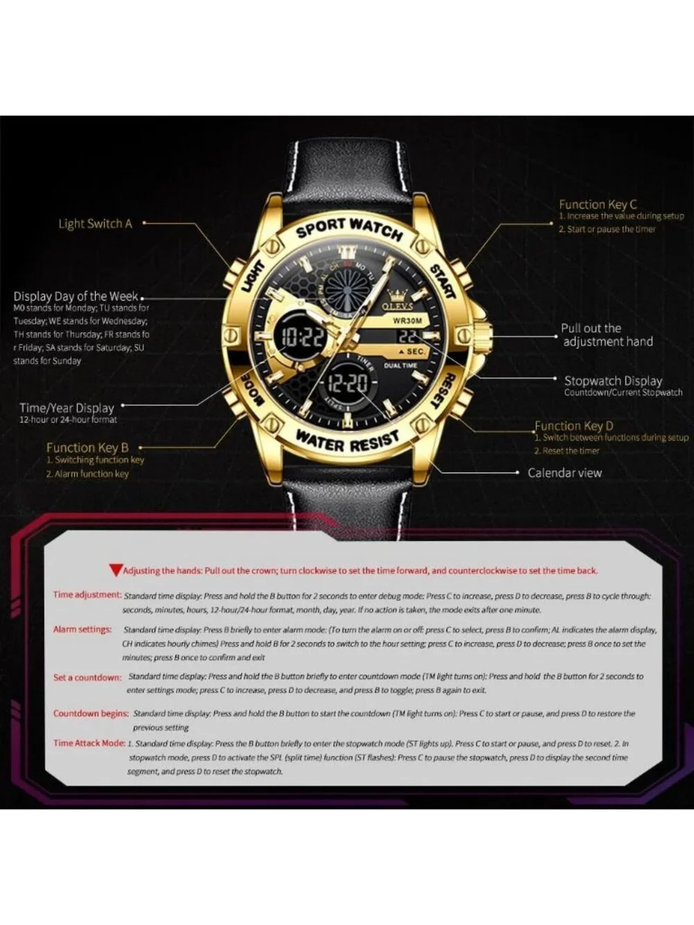 Men's Gold Black Leather Chronograph Fashion Digital Waterproof Wrist Watch